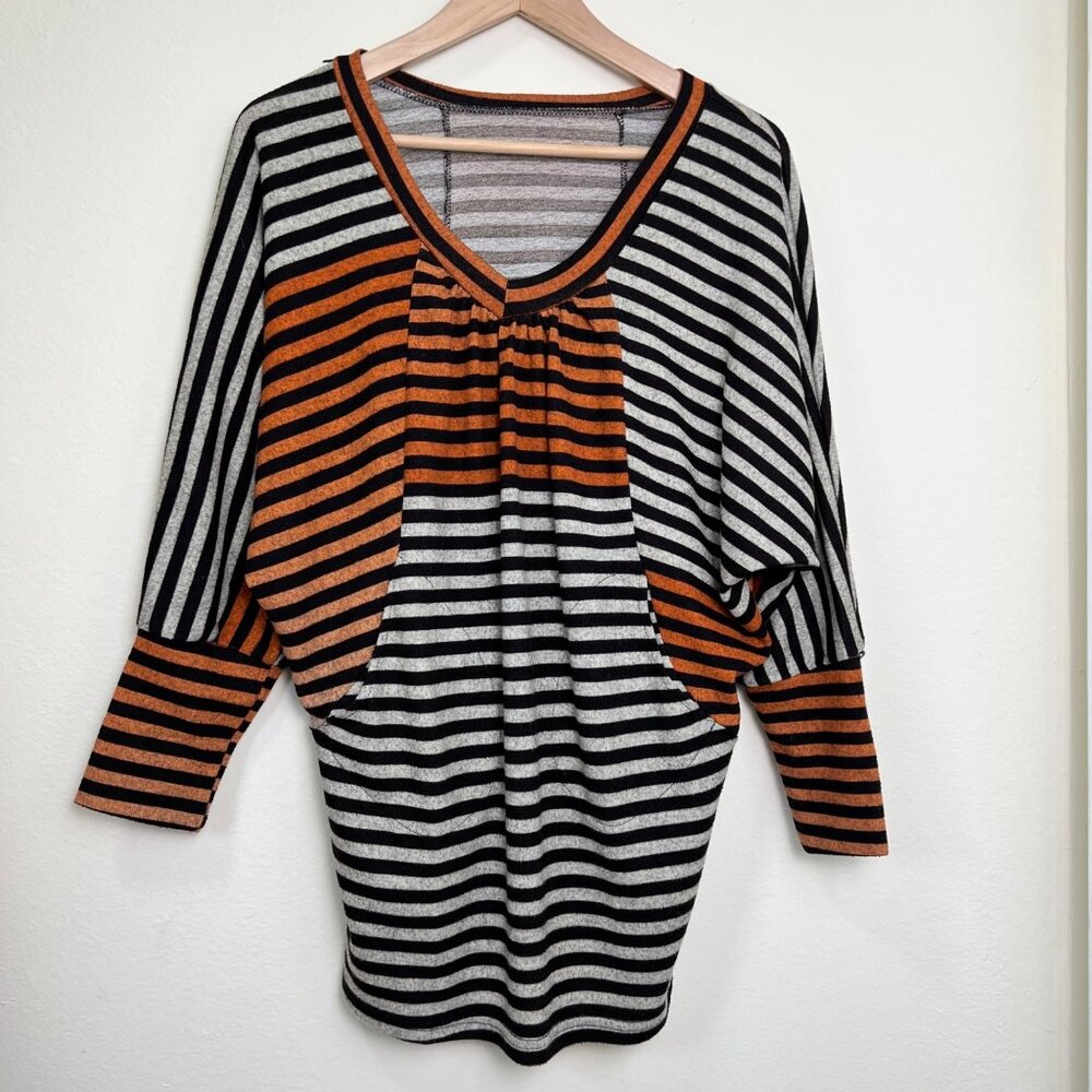 PATTERN Brown Orange & Oatmeal Striped V-Neck Dolman 3/4 Sleeve Top w/Pockets L